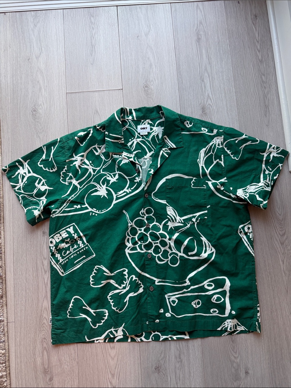 Obey Men’s Green Short-Sleeve Button-Up Graphic Camp Shirt